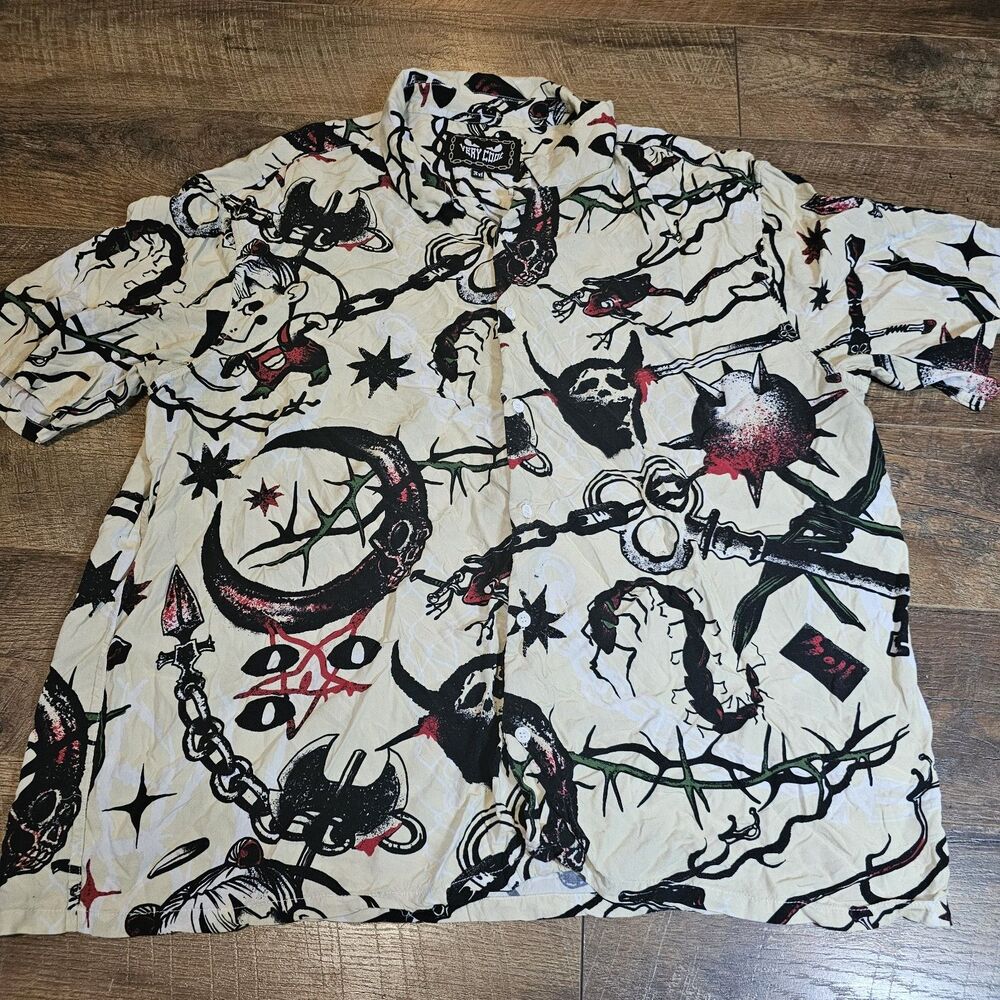 Very Cool 3XL Gothic Tattoo Print Button Up Shirt Rayon Skull Snake Dagger Punk
